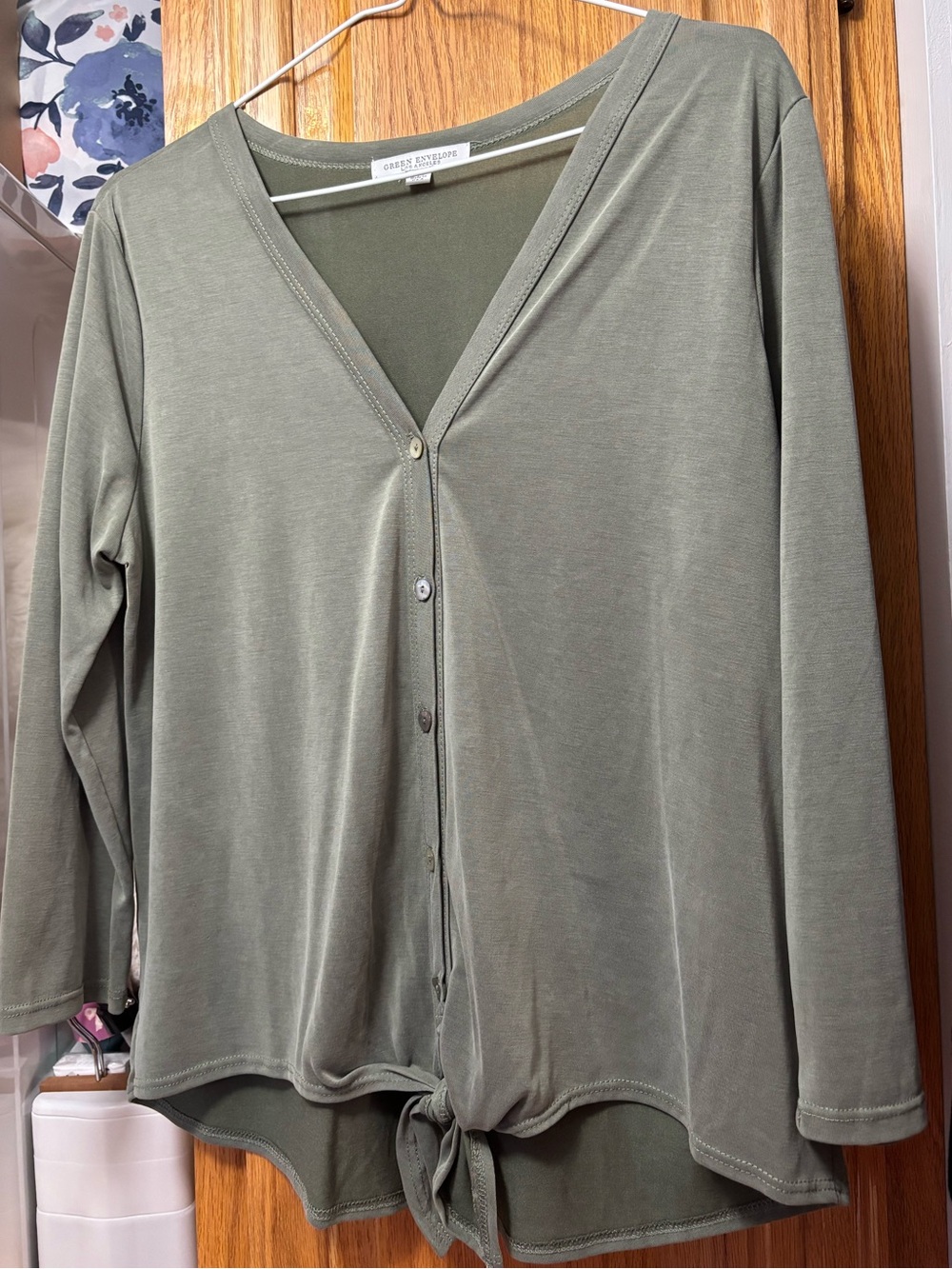 Green Envelope Olive Green Button-Front Tie Hem Top